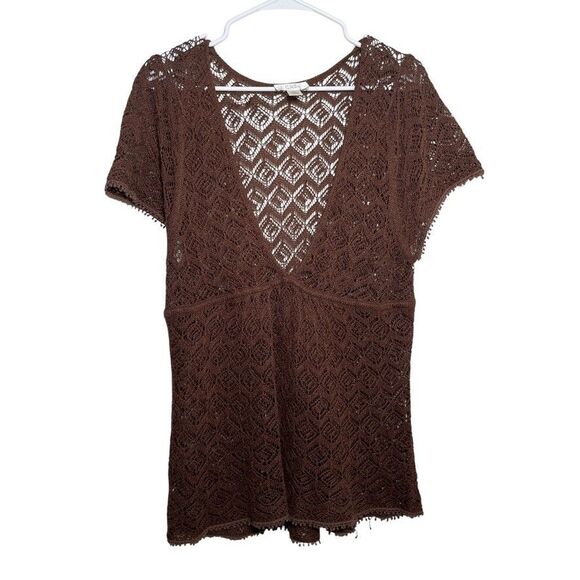 Loft Sweater Women's Large Brown V-Neck Lace Knit Short Sleeve Y2k Top Casual - Picture 1 of 9
